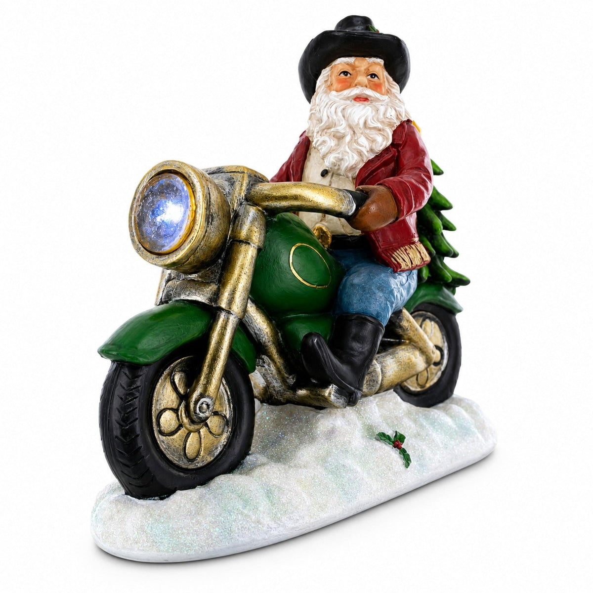 Cowboy Santa Riding Motorcycle LED Figurine - 8.5