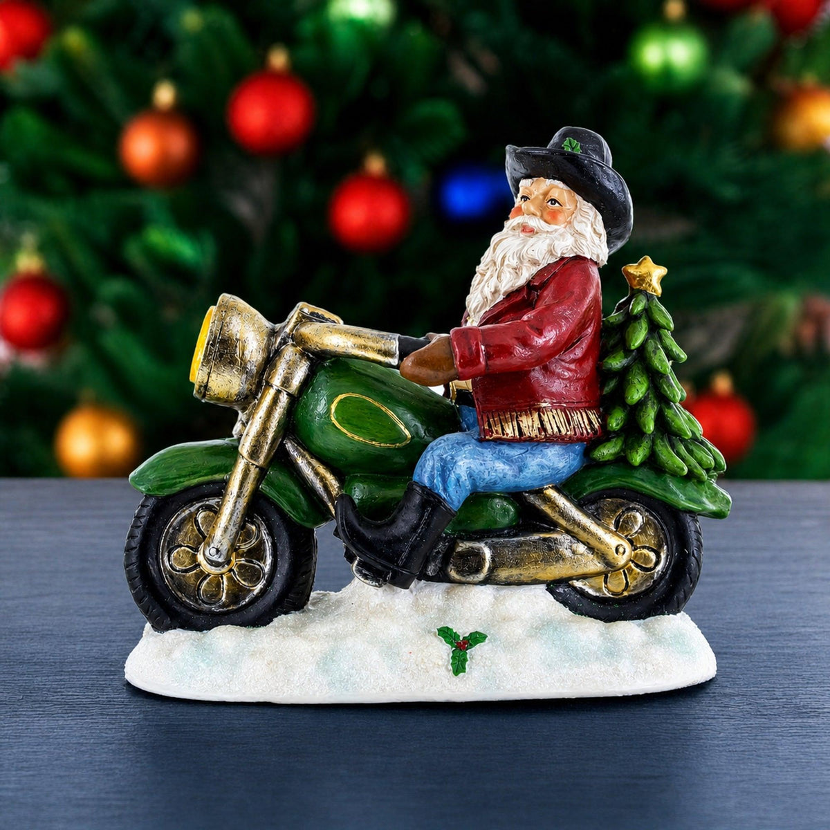 Cowboy Santa Riding Motorcycle LED Figurine - 8.5