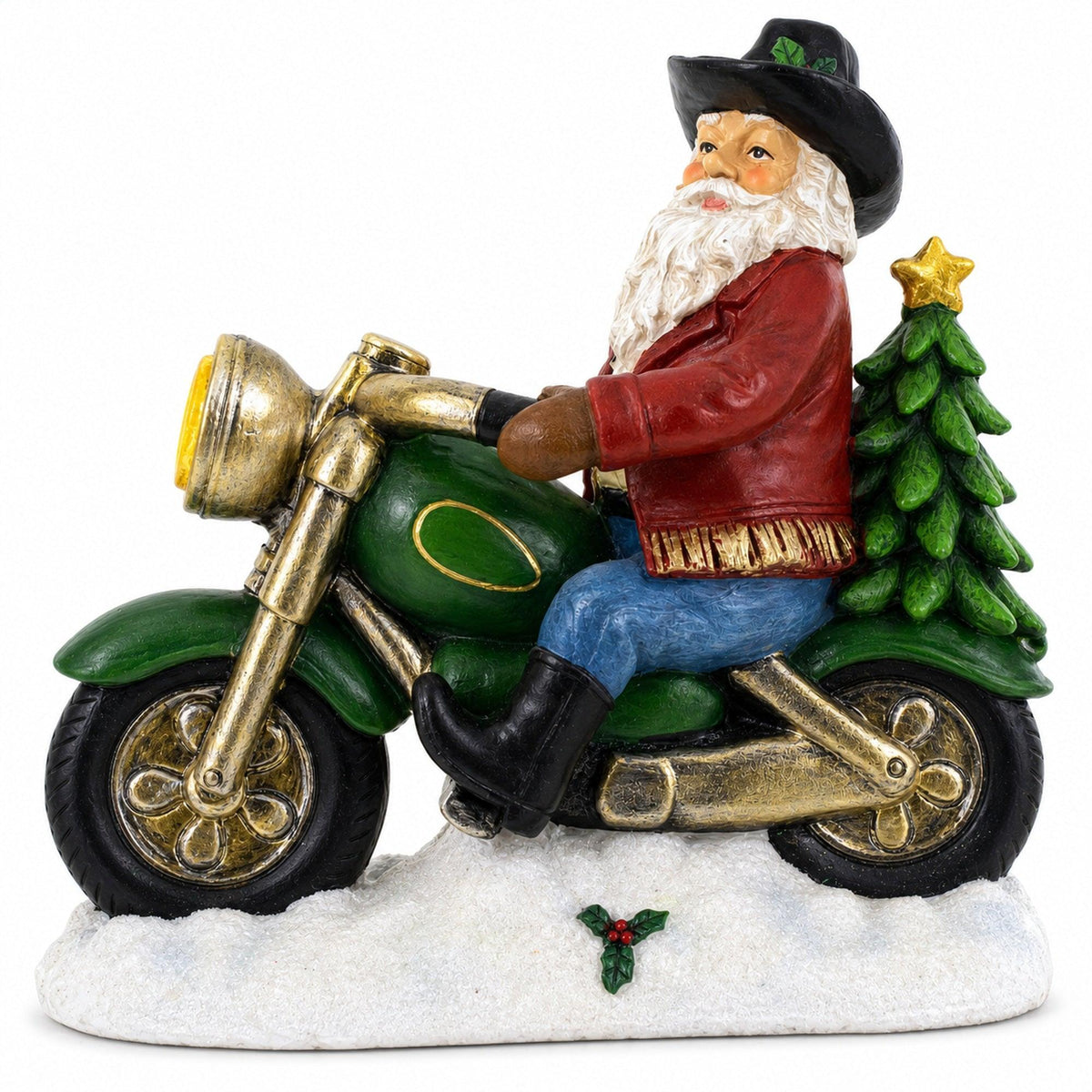 Cowboy Santa Riding Motorcycle LED Figurine - 8.5