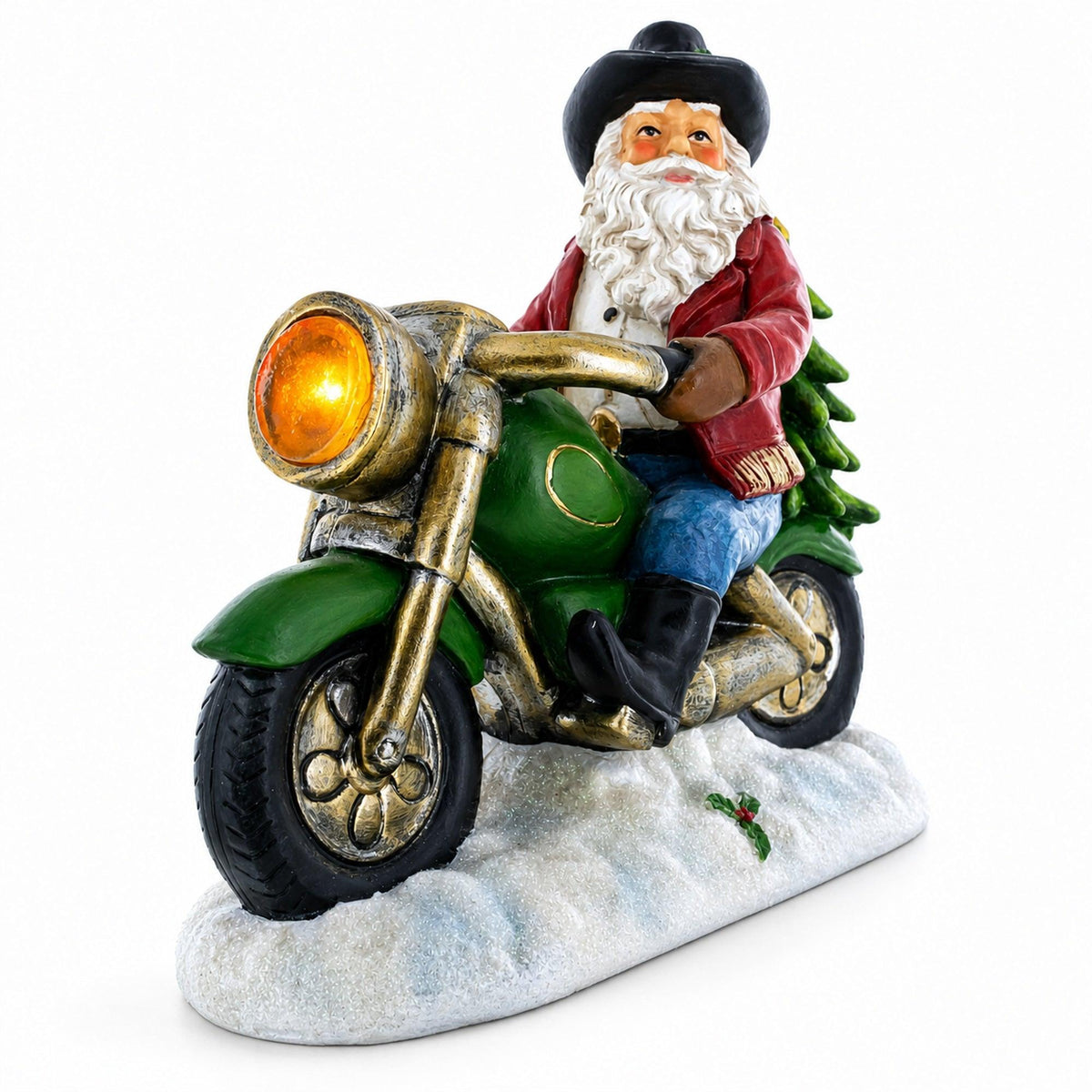 Cowboy Santa Riding Motorcycle LED Figurine - 8.5