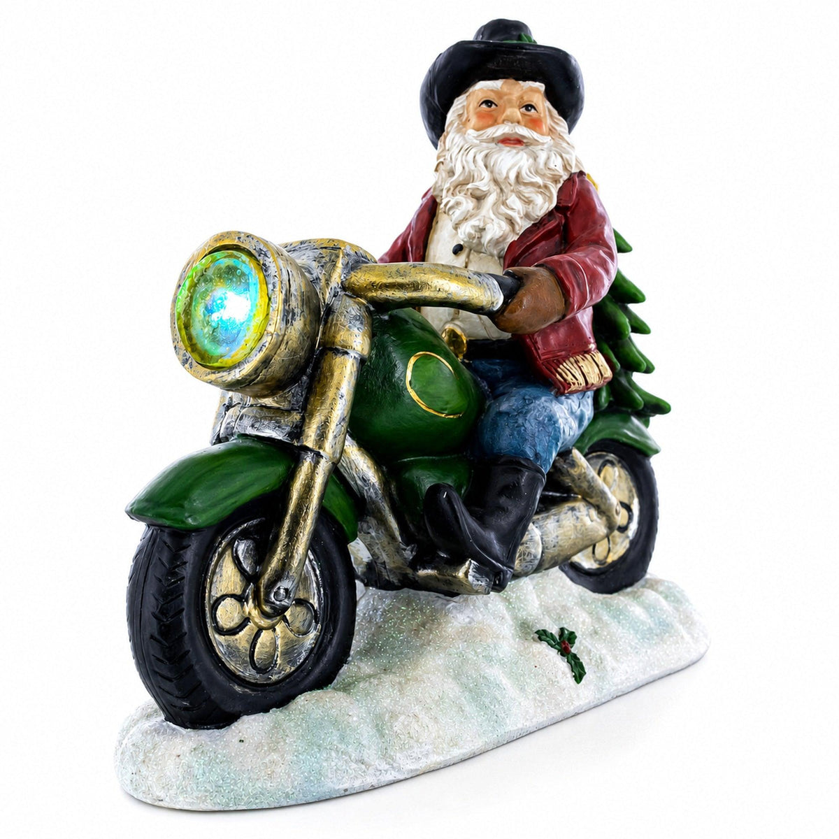 Cowboy Santa Riding Motorcycle LED Figurine - 8.5