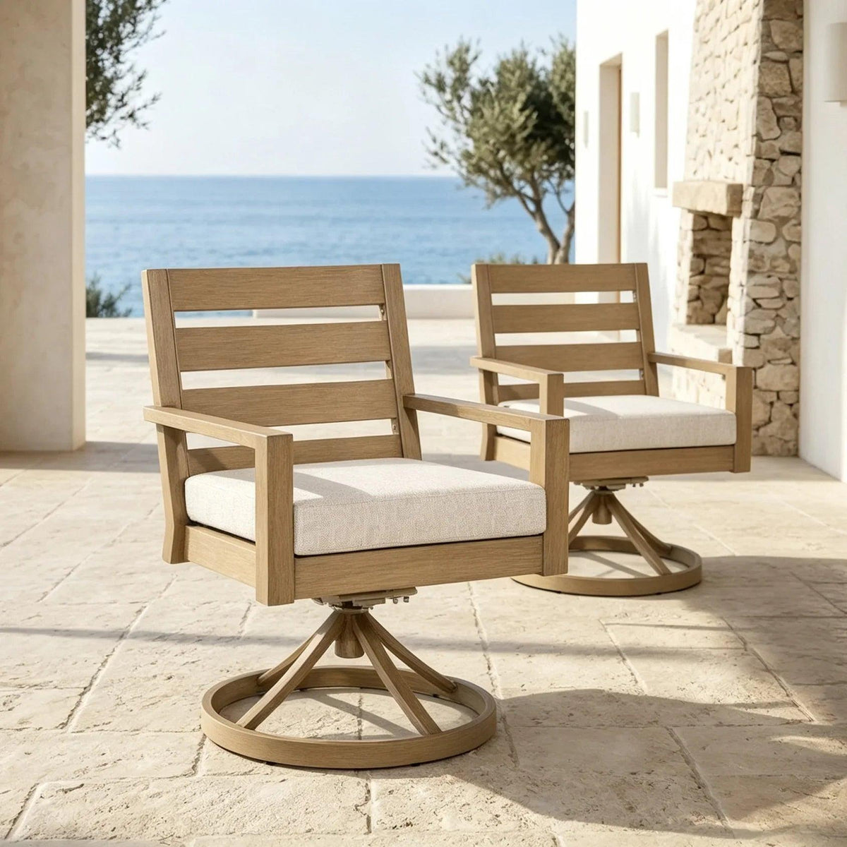 Alcudia 360° Swivel Rocker Outdoor Dining Chairs Set of 2 – Hand-Brushed Oak Finish