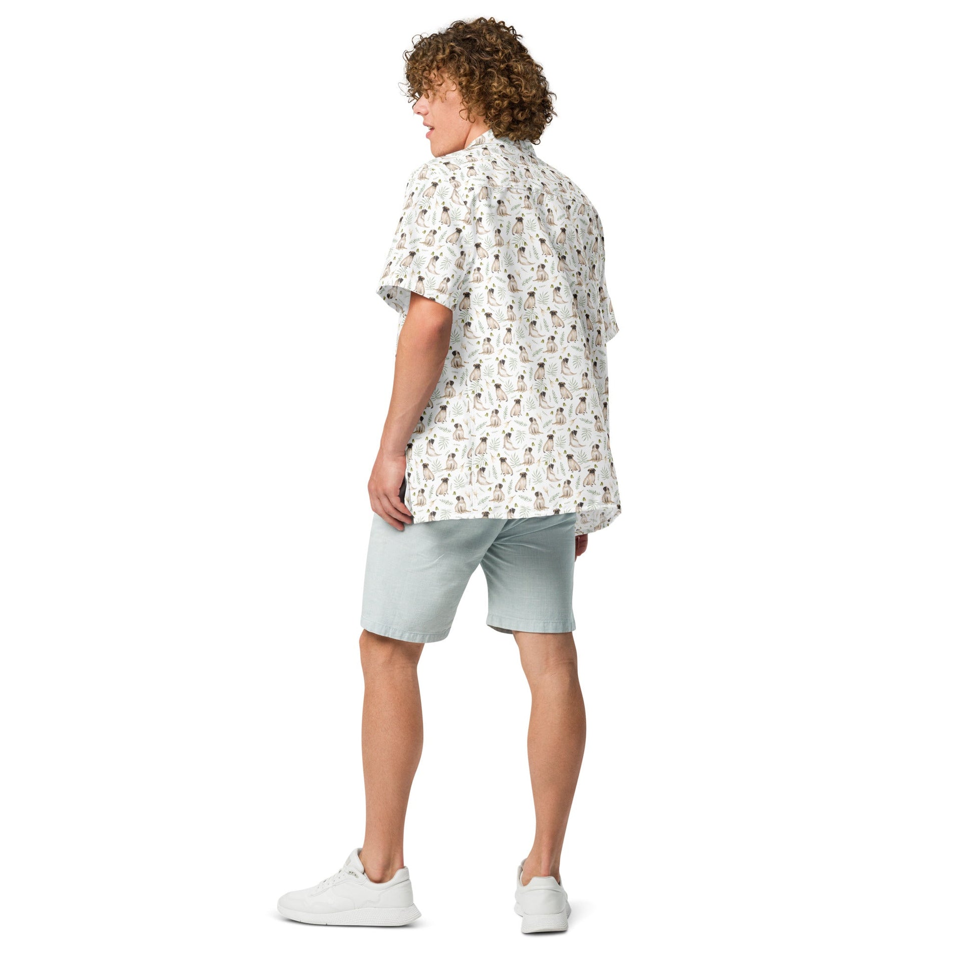 NEW! White Watercolor Pug Aloha Shirt in Recycled Polyester