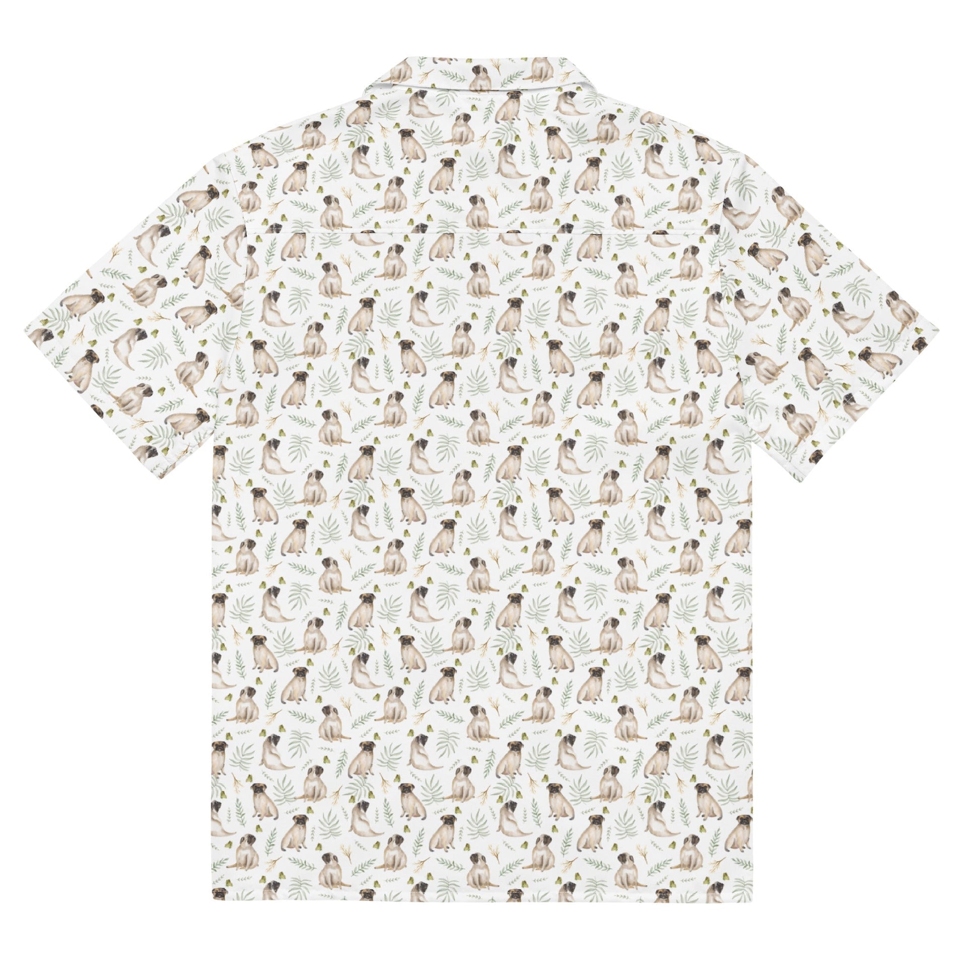 NEW! White Watercolor Pug Aloha Shirt in Recycled Polyester