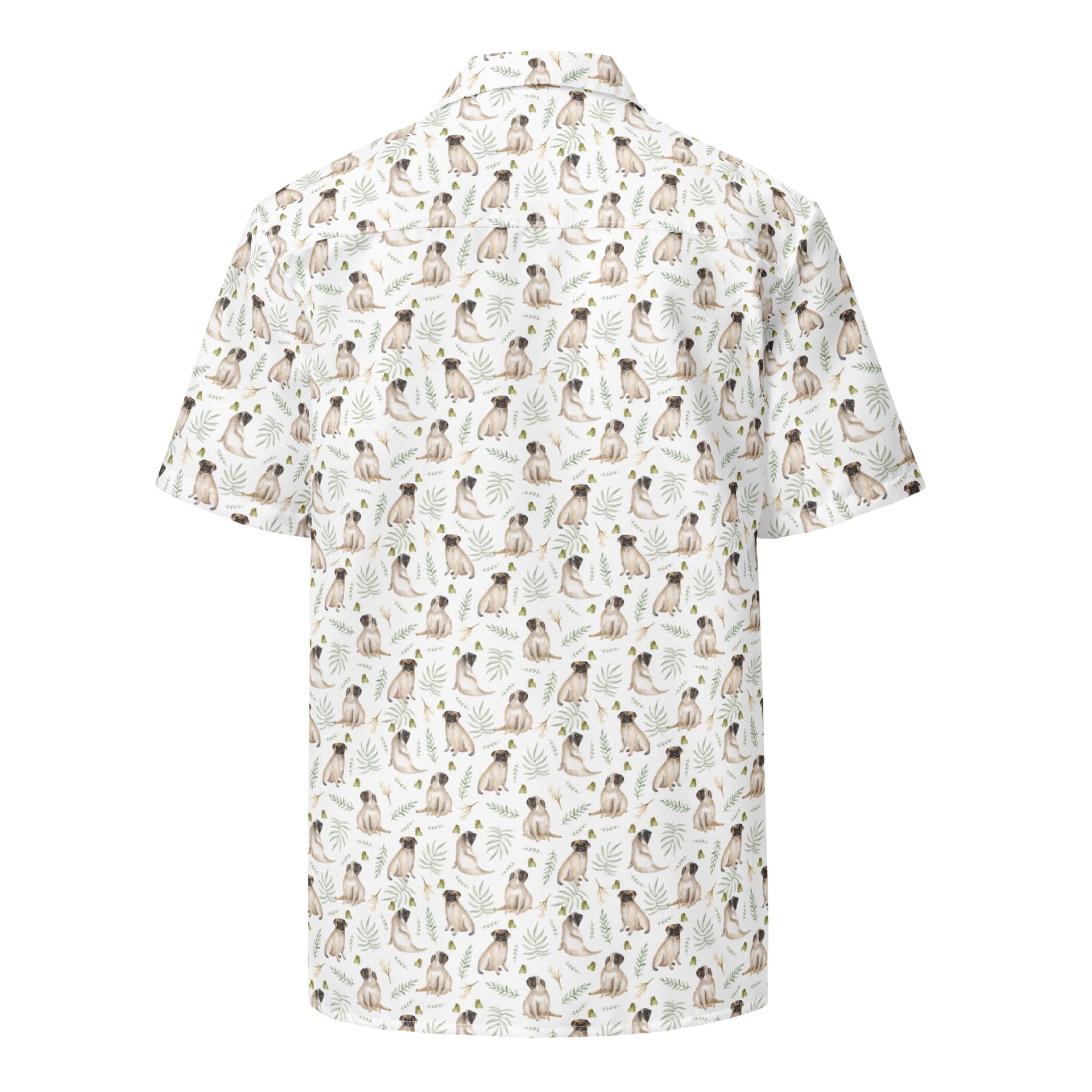 NEW! White Watercolor Pug Aloha Shirt in Recycled Polyester