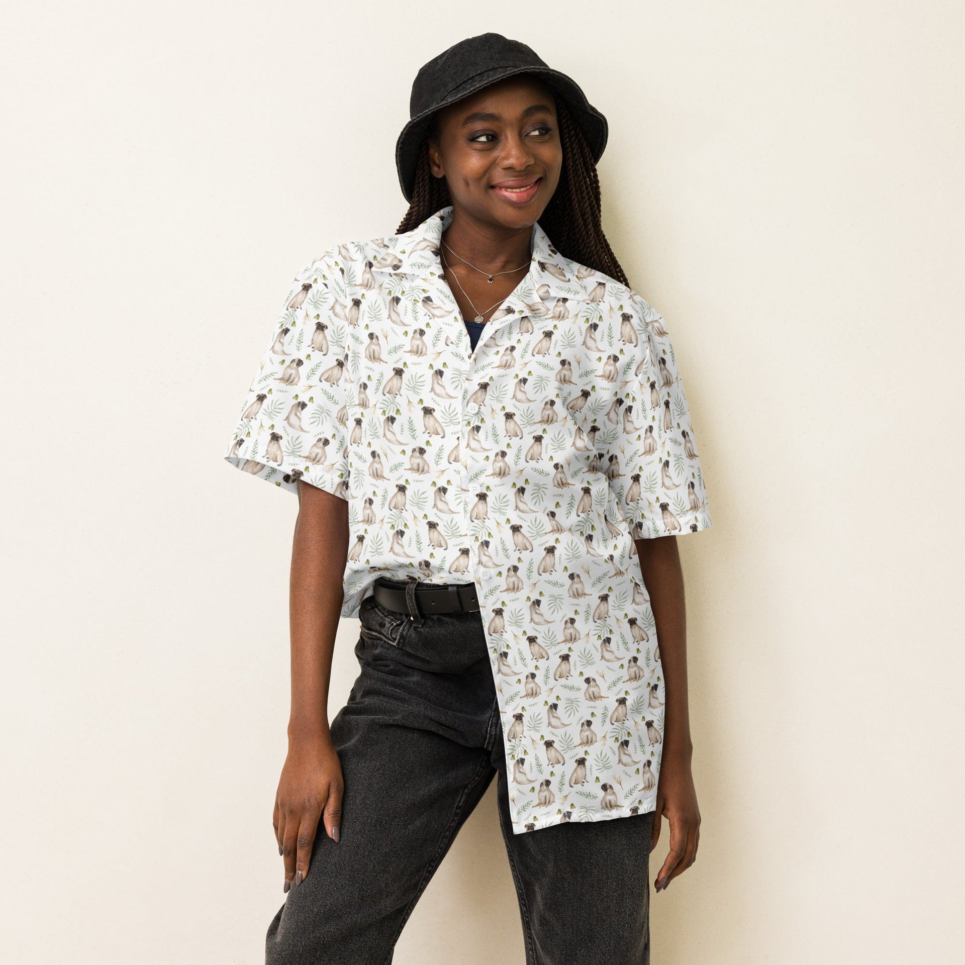 NEW! White Watercolor Pug Aloha Shirt in Recycled Polyester