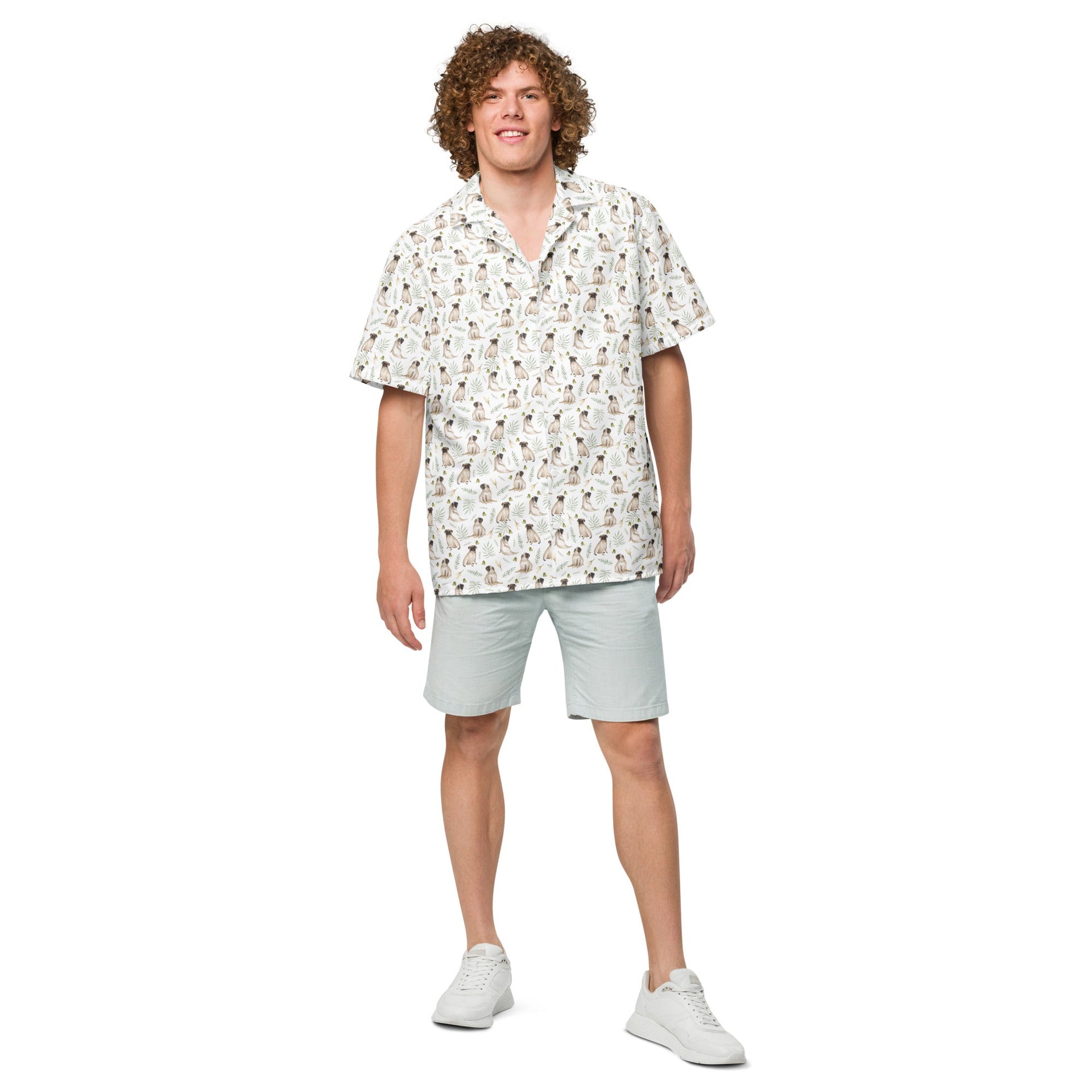 NEW! White Watercolor Pug Aloha Shirt in Recycled Polyester
