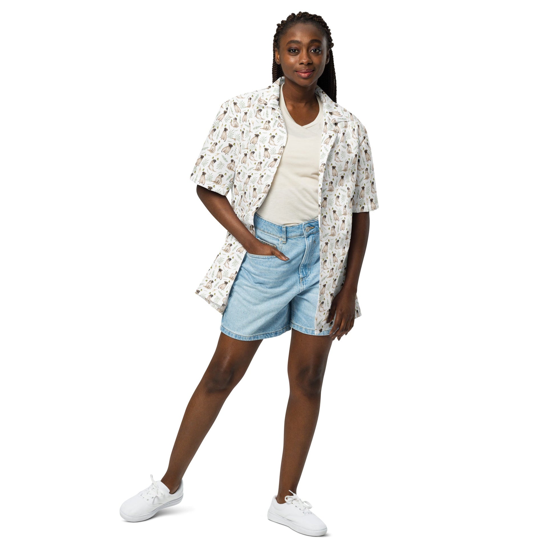 NEW! White Watercolor Pug Aloha Shirt in Recycled Polyester