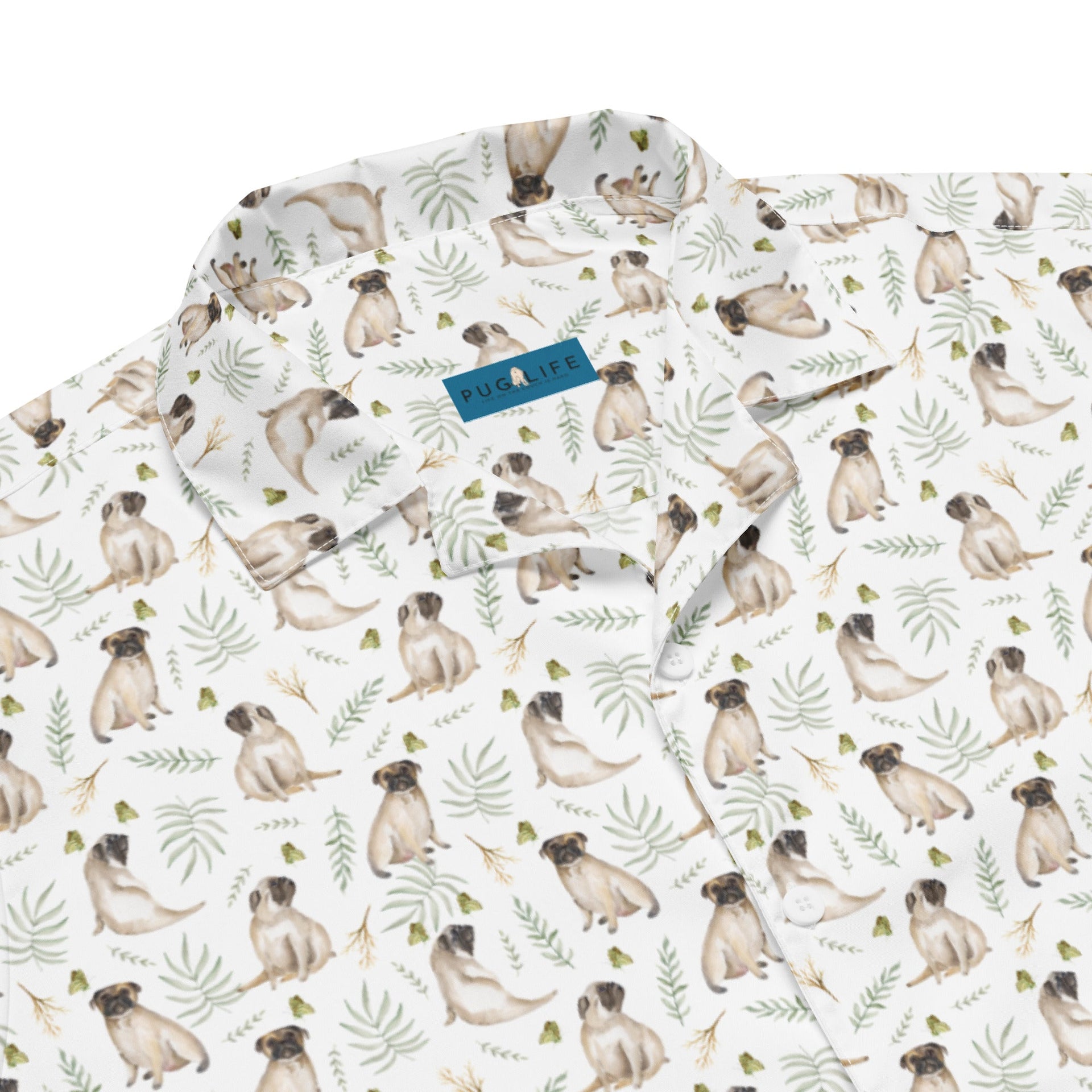 NEW! White Watercolor Pug Aloha Shirt in Recycled Polyester