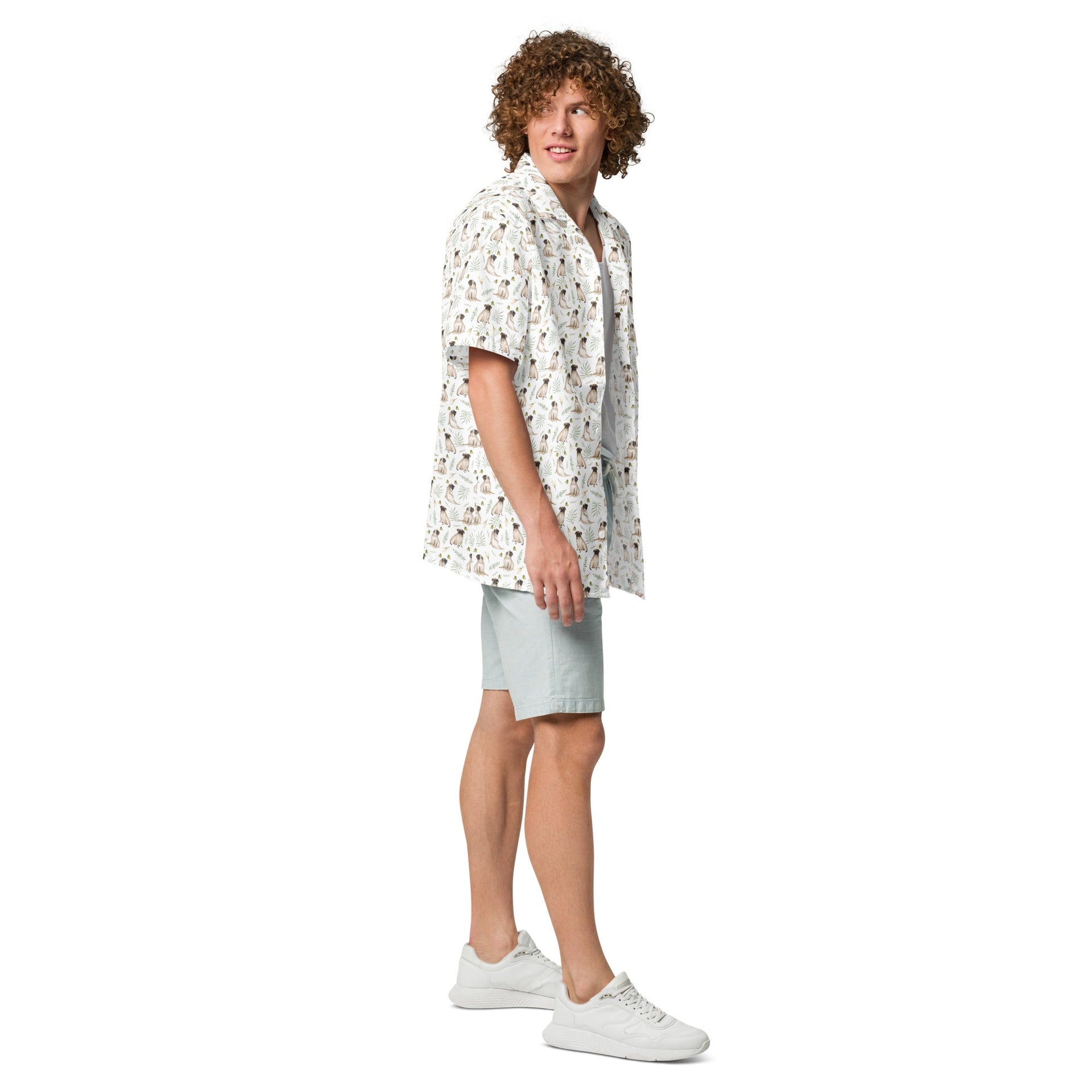 NEW! White Watercolor Pug Aloha Shirt in Recycled Polyester