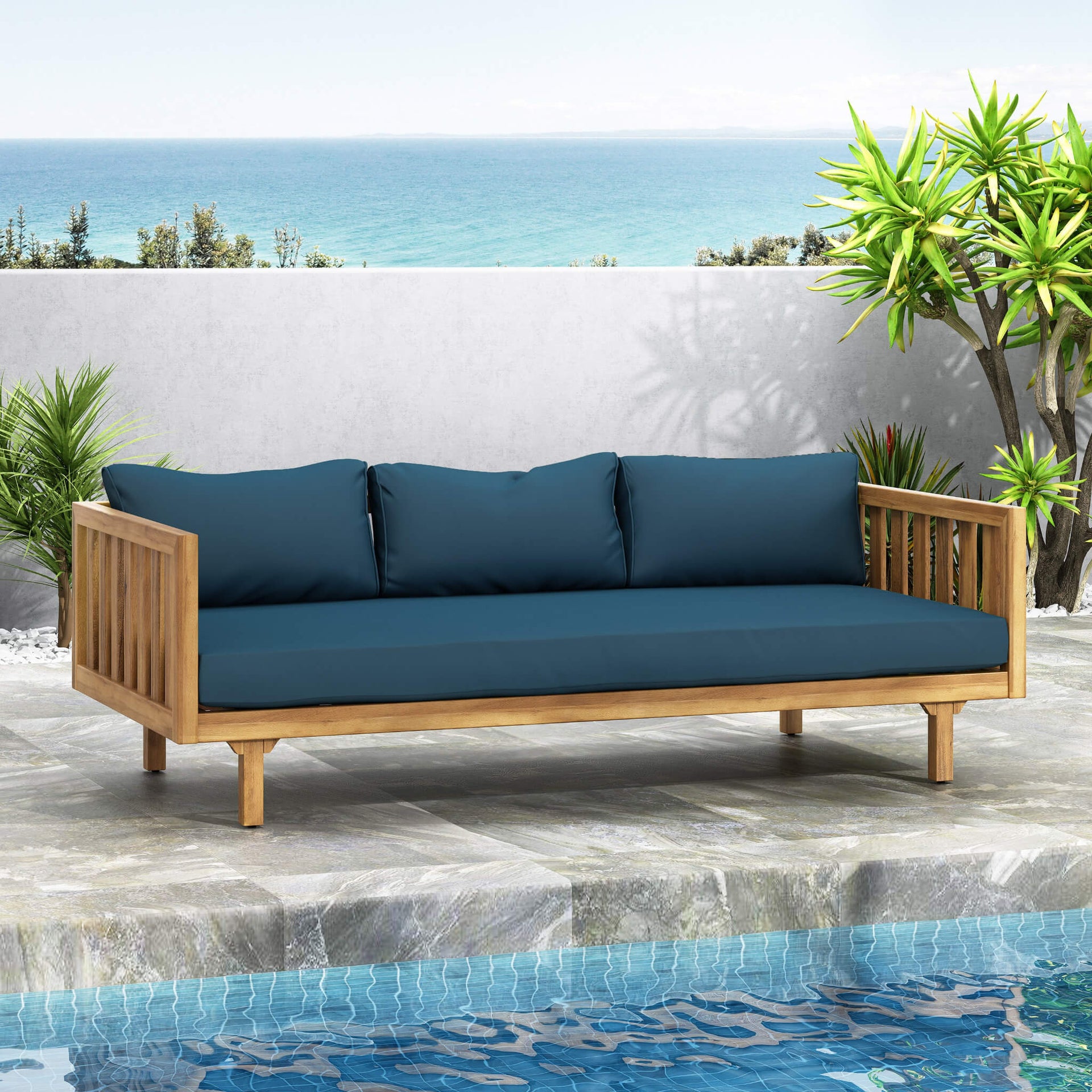 3-Seater Acacia Wood Daybed Sofa With Water-Resistant Cushions (SAK65773)