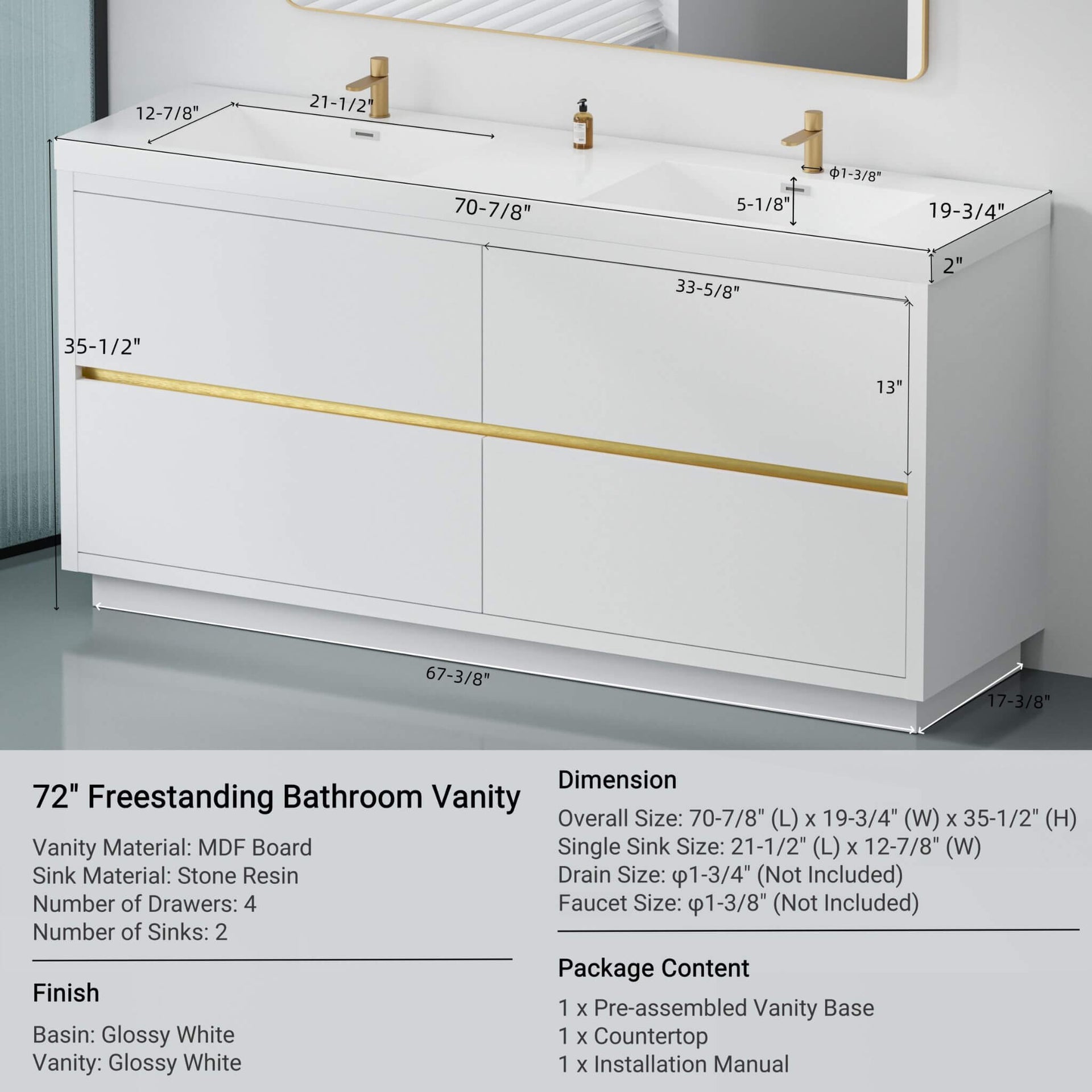 Alora 72-Inch White Freestanding Bathroom Vanity With Sink And Stone Resin Countertop (SAK31520) SAKSBY WHOLESALE