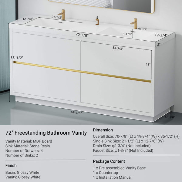 Alora 72-Inch White Freestanding Bathroom Vanity With Sink And Stone Resin Countertop (SAK31520) SAKSBY WHOLESALE