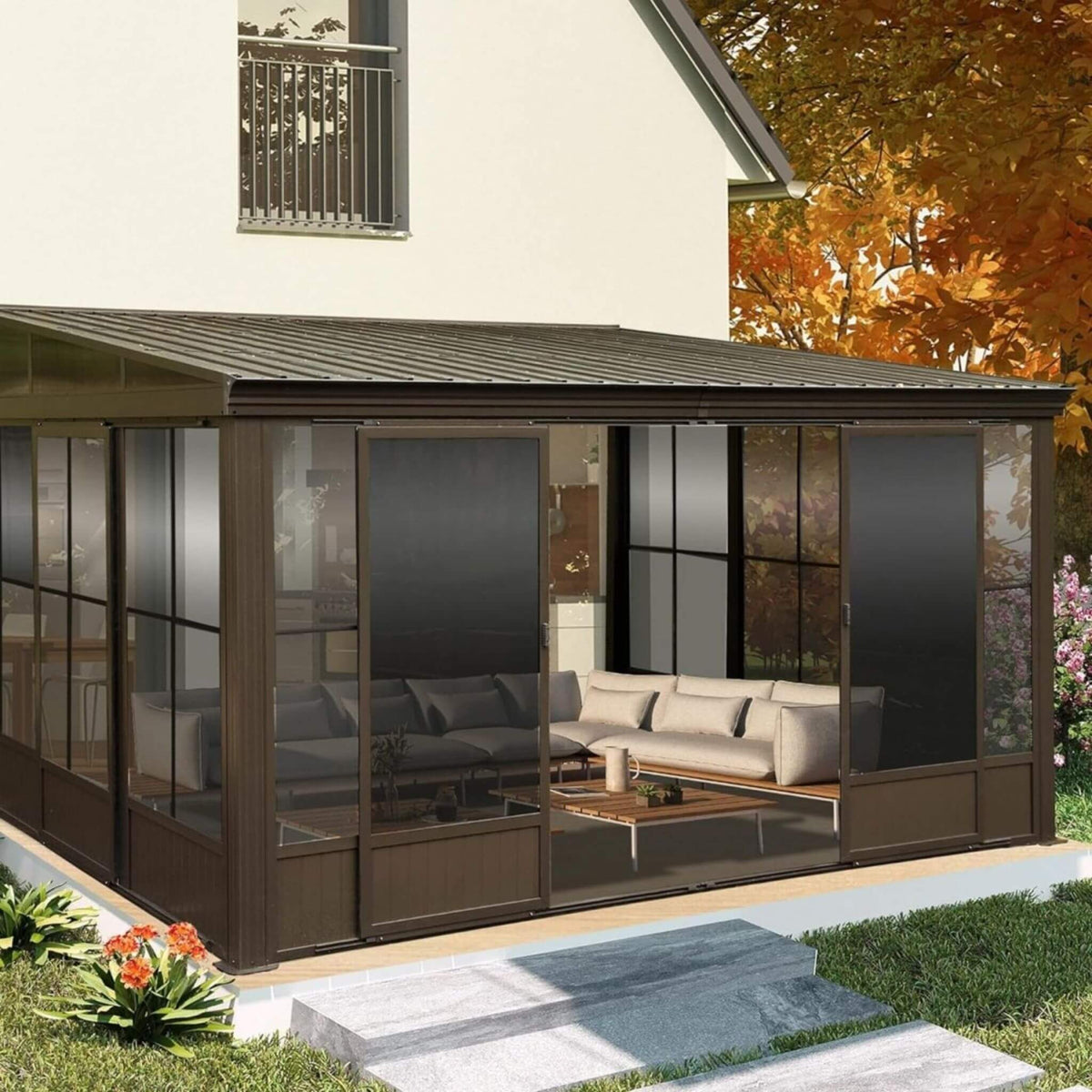 [10X12FT] Atrium Premium Against Wall Mounted Solarium Sunroom With Galvanized Steel Sloping Roof (SAK96375)