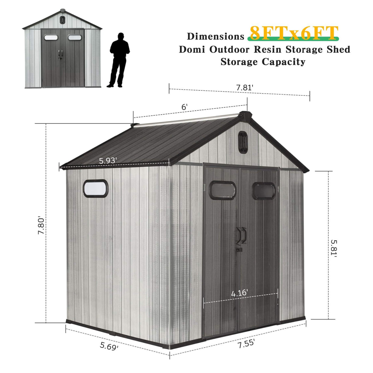 [06X08FT] Heavy-Duty Outdoor All-Weather Resin Storage Shed With Lockable Doors, Windows, And Vents (SAK39874)