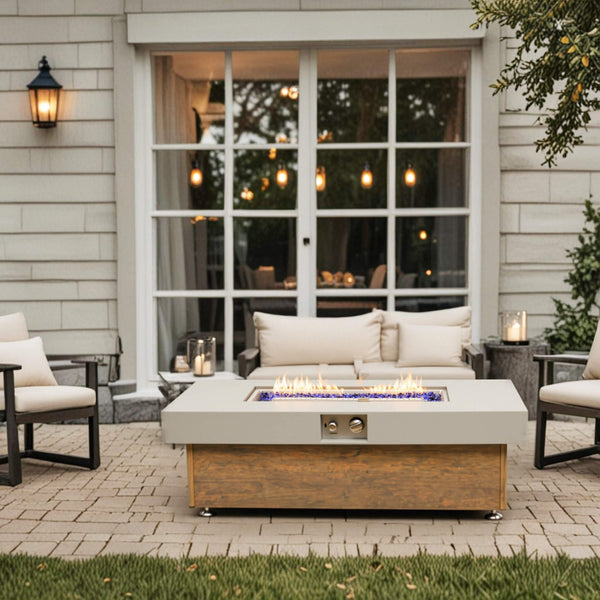 Alora Luxury 48-Inch Outdoor Wood Grain Iron Fire Pit Table With Lava Rocks (SAK37905) SAKSBY WHOLESALE