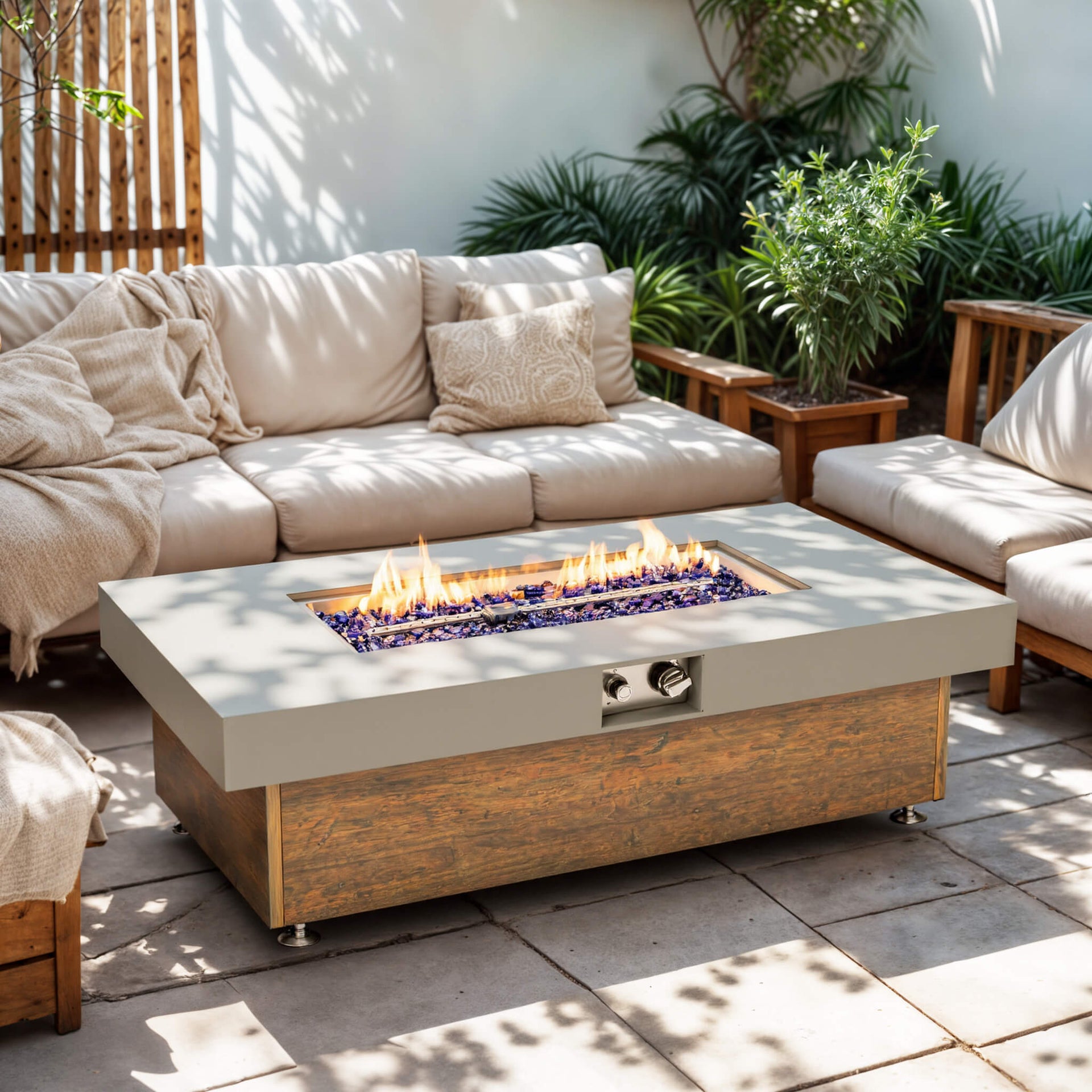 Alora Luxury 48-Inch Outdoor Wood Grain Iron Fire Pit Table With Lava Rocks (SAK37905) SAKSBY WHOLESALE