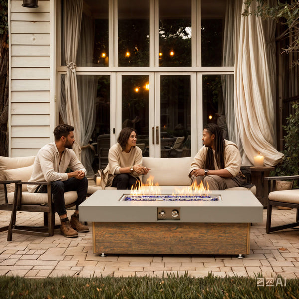 Alora Luxury 48-Inch Outdoor Wood Grain Iron Fire Pit Table With Lava Rocks (SAK37905) SAKSBY WHOLESALE