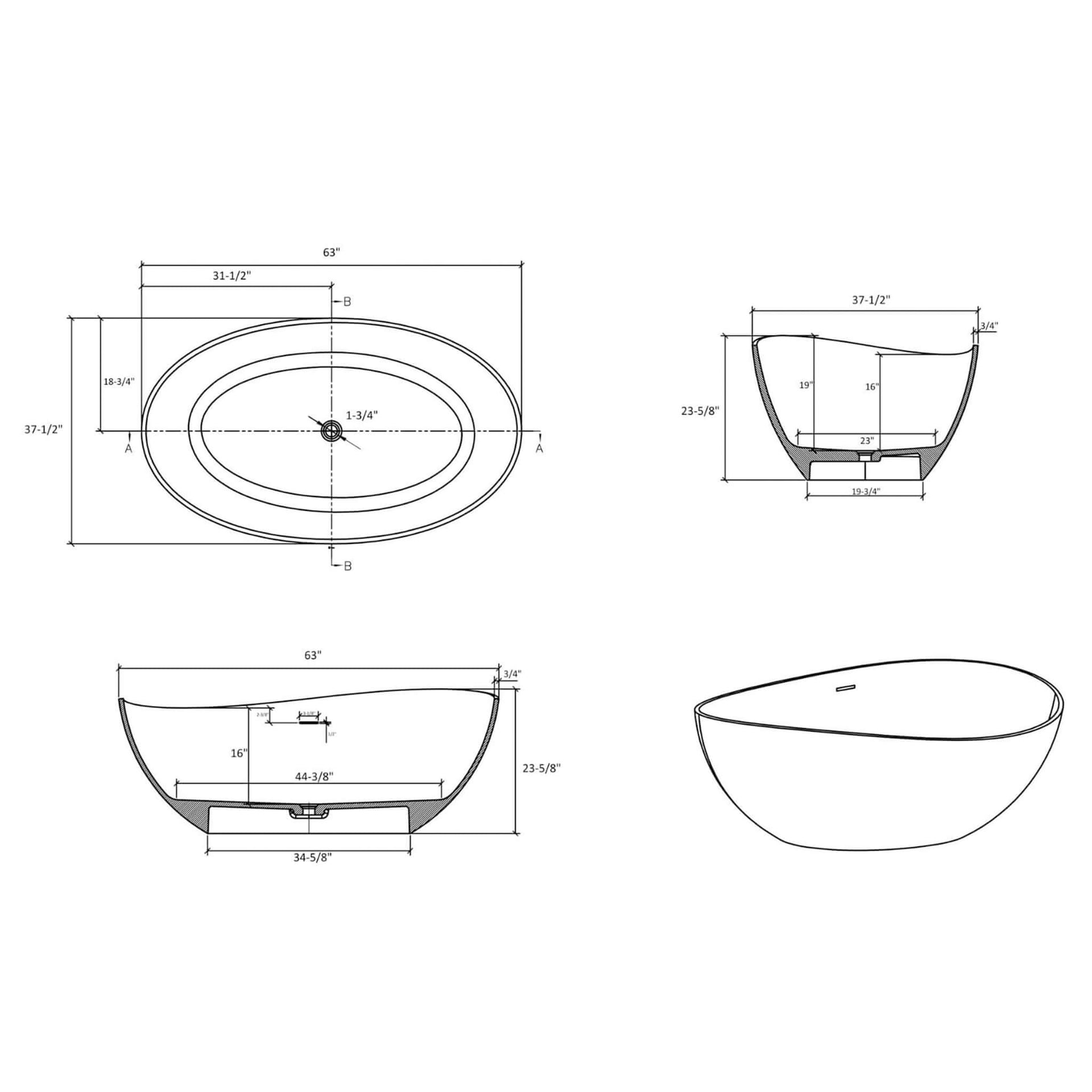 Alora Luxury 63-Inch Matte White Freestanding Soaking Bathtub With Overflow And Pop-Up Drain (SAK56140) SAKSBY WHOLESALE