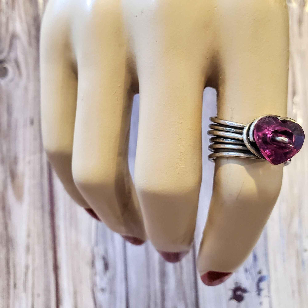 Handmade Wire Wrapped Pink Heart Crystal Six Rings in One Stack