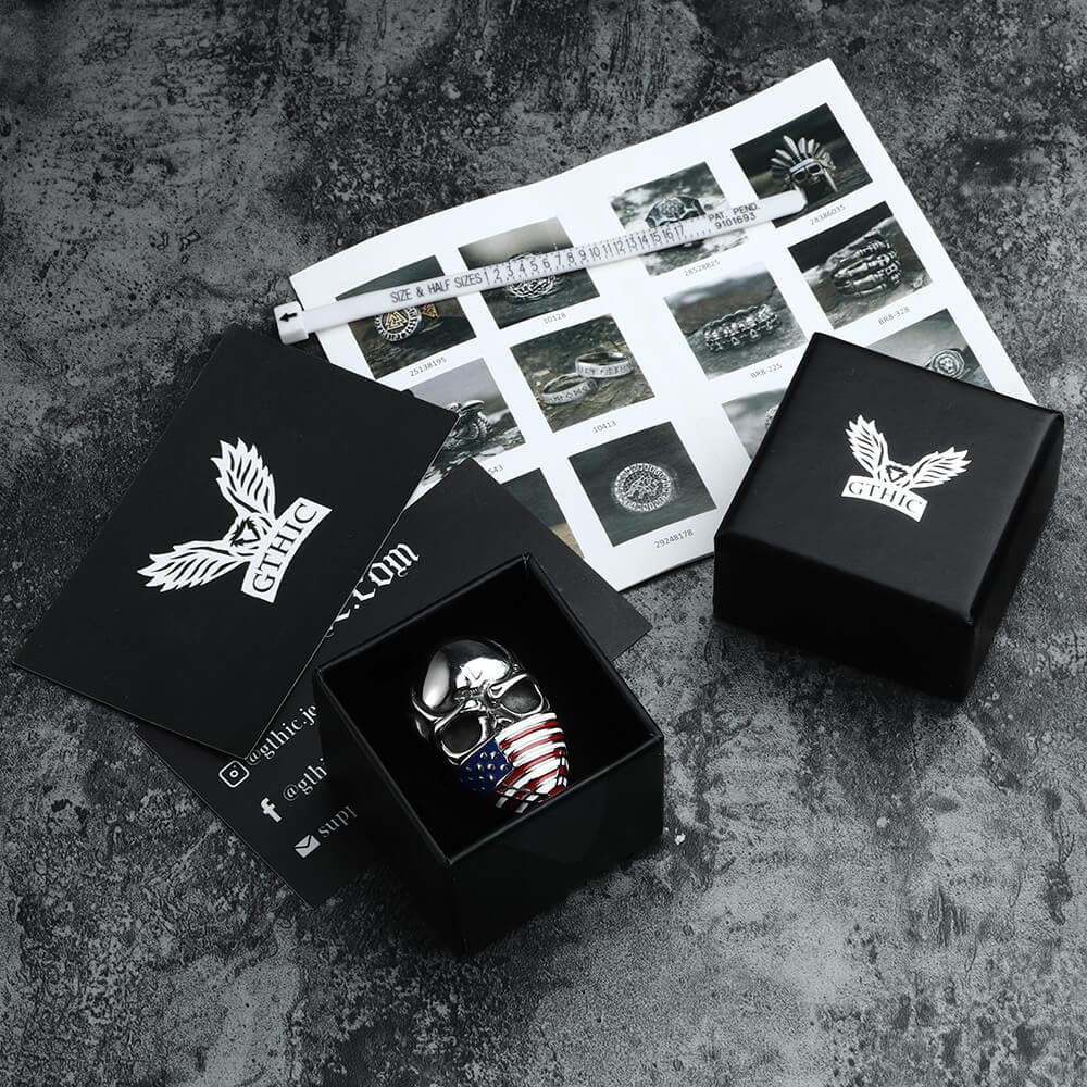 American Flag Stainless Steel Skull Ring