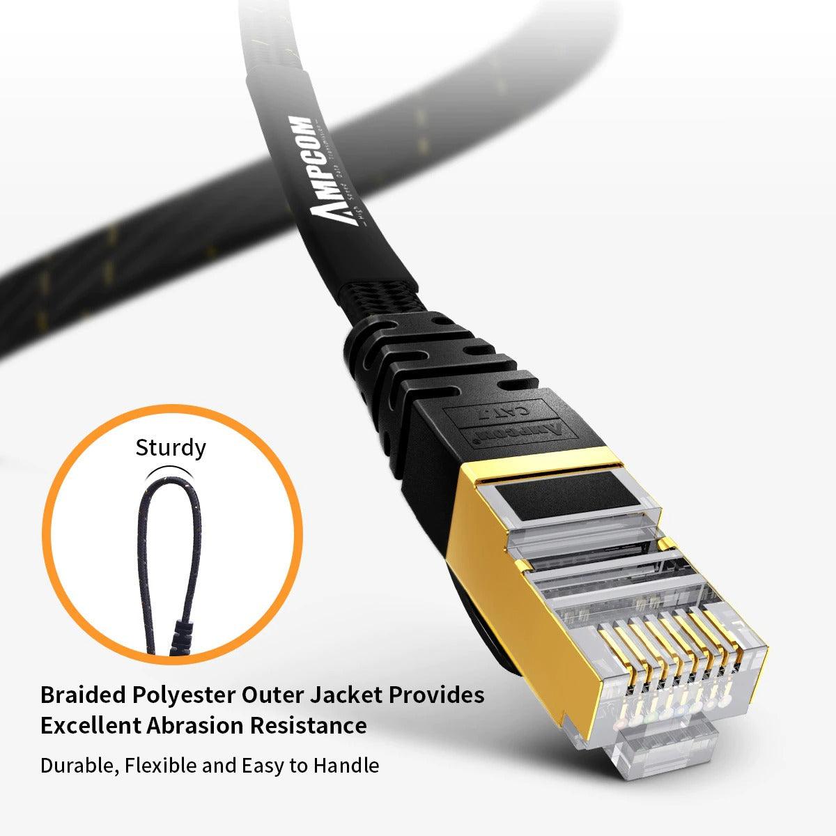 CAT7 Ethernet Cable 10G 600MHz Shielded Flat RJ45 Internet Network Patch Cord Fast LAN Wire Network Gold Plated Lead Polyester Braided For Gaming