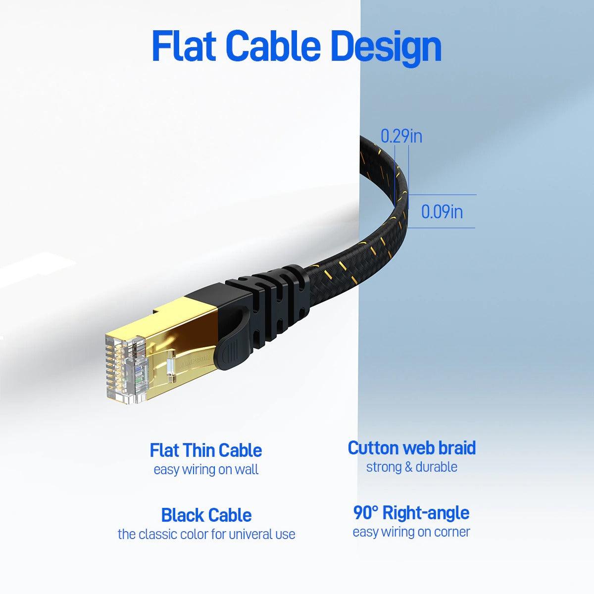 CAT7 Ethernet Cable 10G 600MHz Shielded Flat RJ45 Internet Network Patch Cord Fast LAN Wire Network Gold Plated Lead Polyester Braided For Gaming