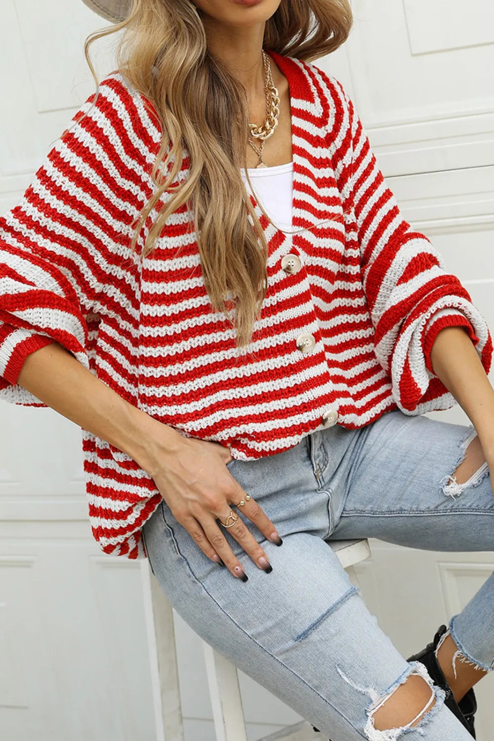 Angel Wings Striped Button Up Long Sleeve Cardigan