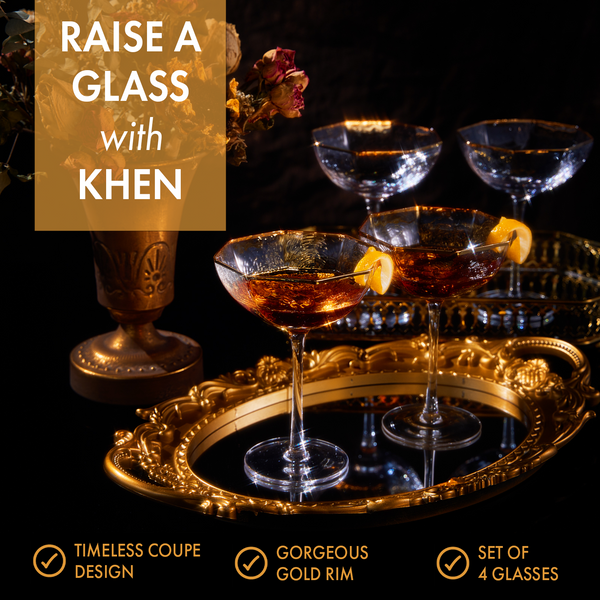 Vintage Crystal Champagne Coupe Gold Rim Hexagonal Angled Glasses | Set of 4 | 6 oz, Art Deco Rim Classic Cocktail Glassware - Martini, Cosmopolitan, Sidecar, Daiquiri | 1920s Style Saucer Goblets