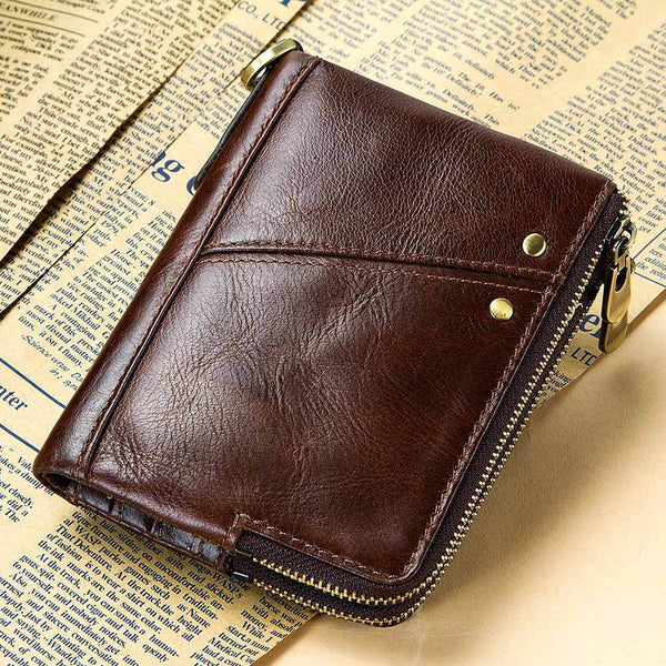 Anti-Theft Brush RFID Genuine Leather Men's Wallet Multifunctional Double Zipper Vertical Wallet Fashion Casual Coin Purse