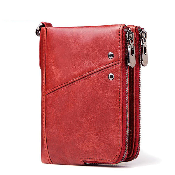 Anti-Theft Brush RFID Genuine Leather Men's Wallet Multifunctional Double Zipper Vertical Wallet Fashion Casual Coin Purse