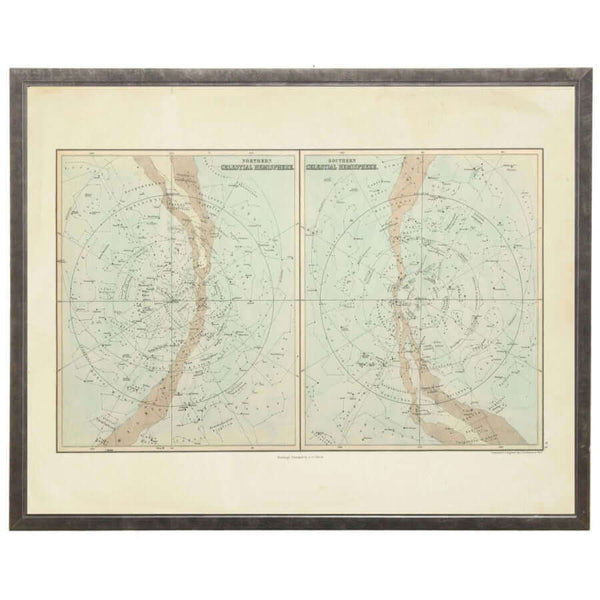 Antique Celestial Hemispheres Constellations Map Artwork in Pewter Shadowbox Frame