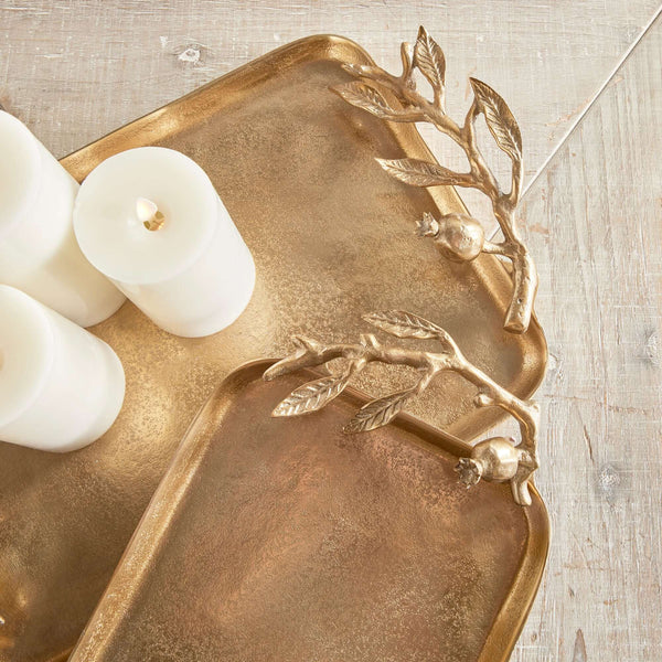 Antique Gold Pomegranate Handle Decorative Trays (Set of 2)