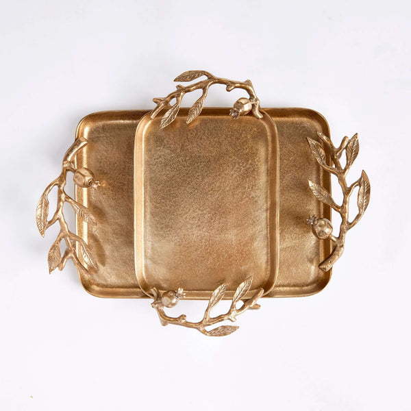 Antique Gold Pomegranate Handle Decorative Trays (Set of 2)
