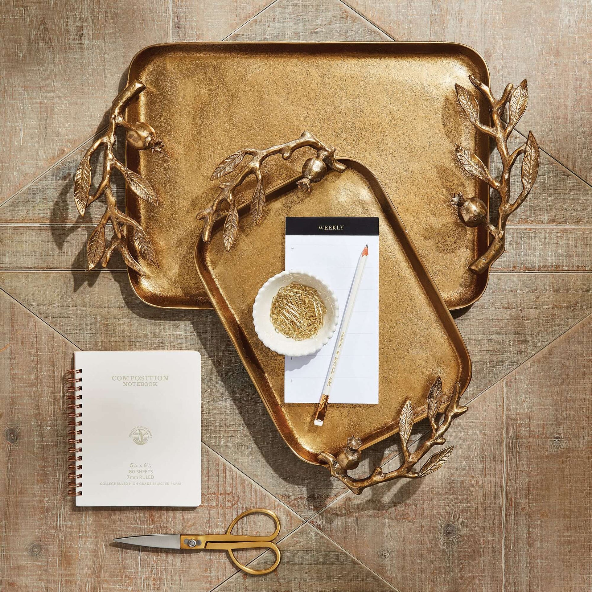 Antique Gold Pomegranate Handle Decorative Trays (Set of 2)