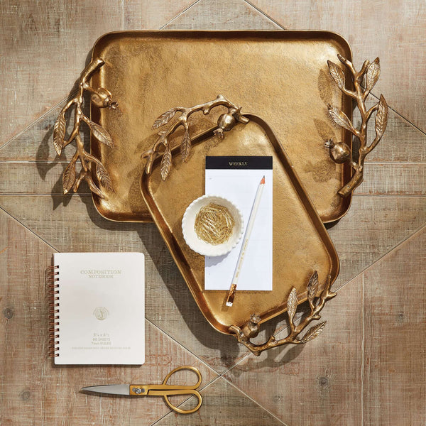 Antique Gold Pomegranate Handle Decorative Trays (Set of 2)