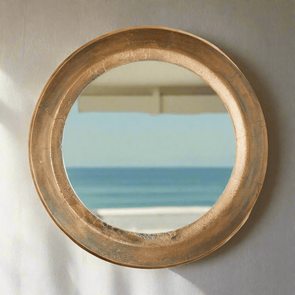 Antique Nickel Round Wall Mirror with Distressed Finish