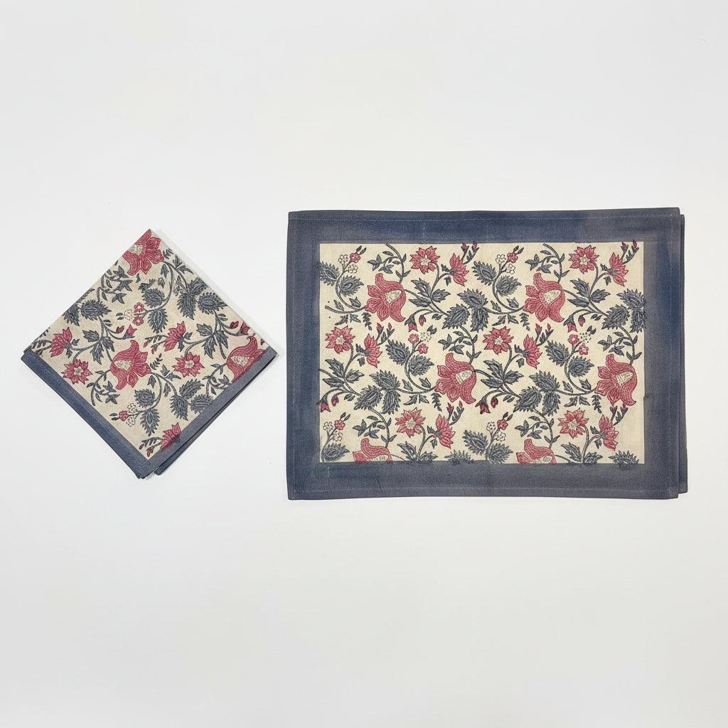Antique Rose & Bluish Charcoal Hand Block Printed 13 pieces Table Linen Set