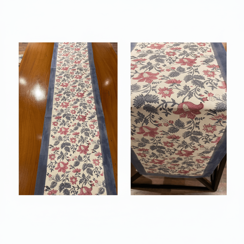 Antique Rose & Bluish Charcoal Hand Block Printed 13 pieces Table Linen Set
