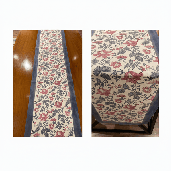 Antique Rose & Bluish Charcoal Hand Block Printed 13 pieces Table Linen Set