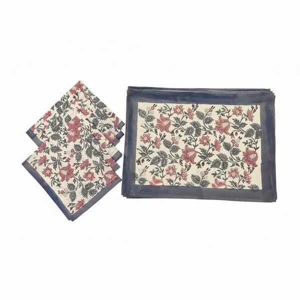 Antique Rose & Bluish Charcoal Hand Block Printed 13 pieces Table Linen Set