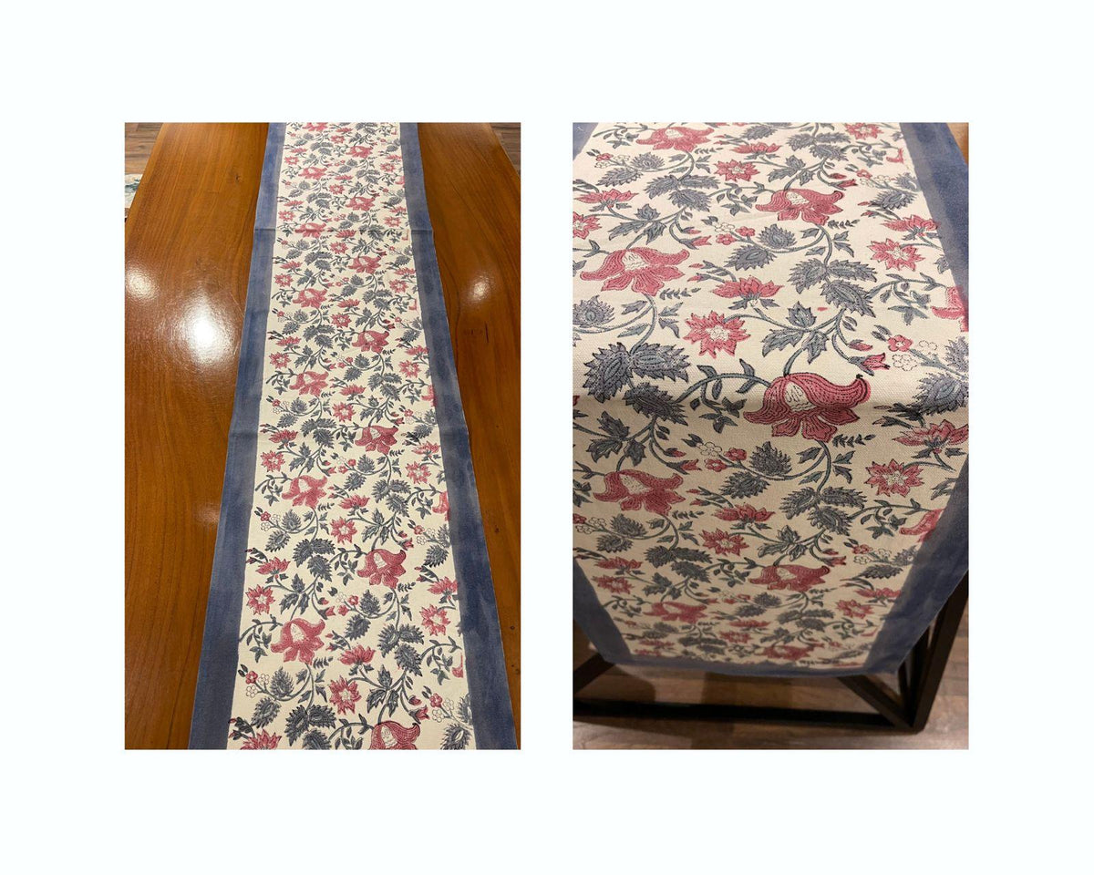 Antique Rose & Bluish Charcoal Hand Block Printed 13 pieces Table Linen Set