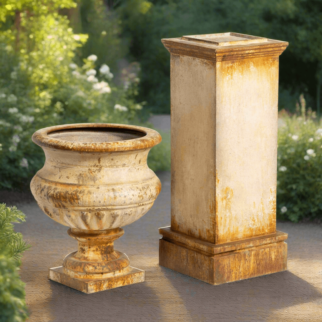 Antique-Style Iron Garden Urn with Tall Pedestal