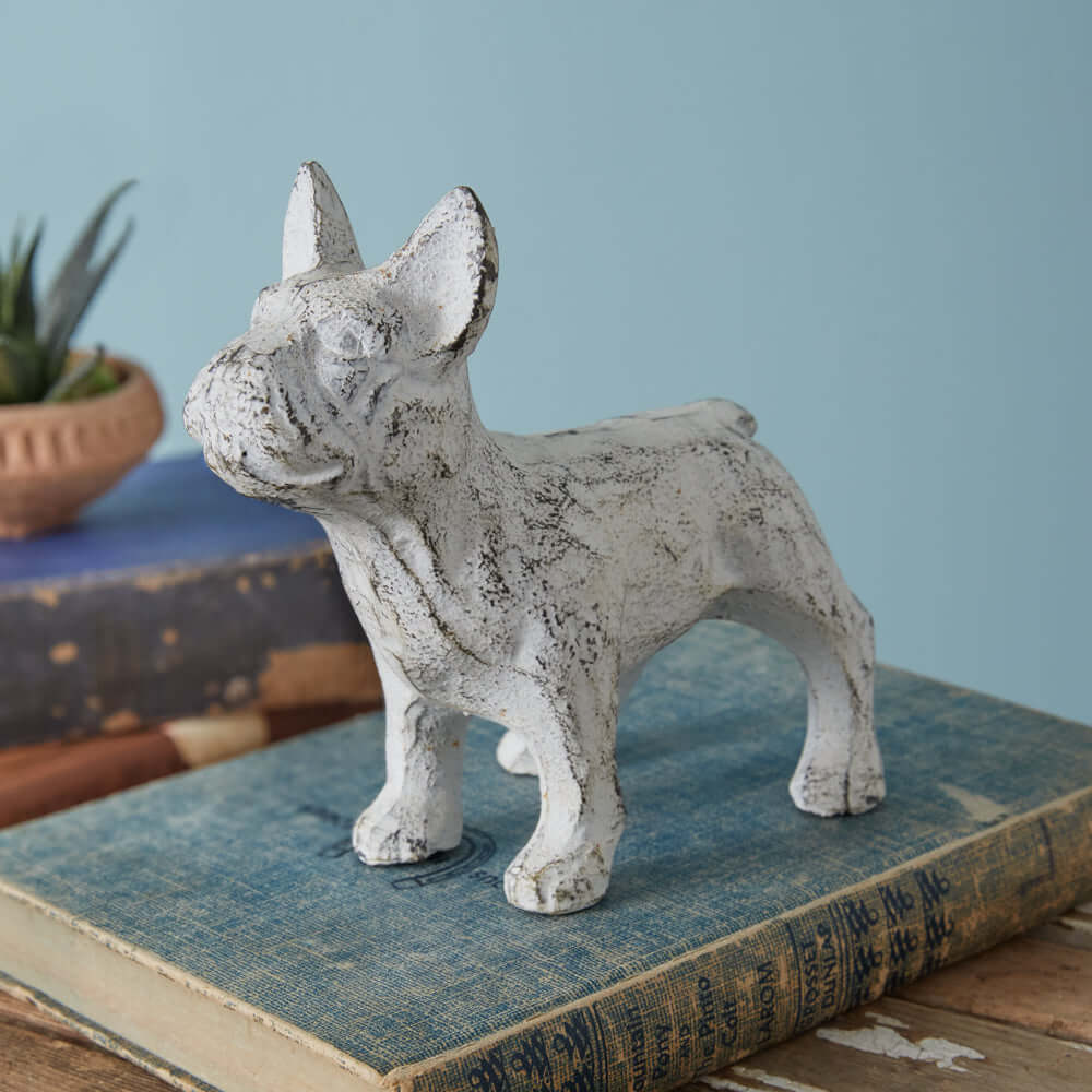 Antique White French Bulldog Figurine in Cast Iron
