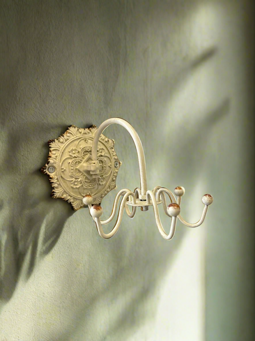 Antique White Wall Hook with Ornate Medallion Backplate