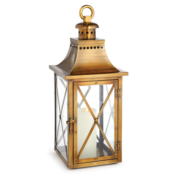 Antique Brass Lantern with Crossbar Glass and Hanging Ring