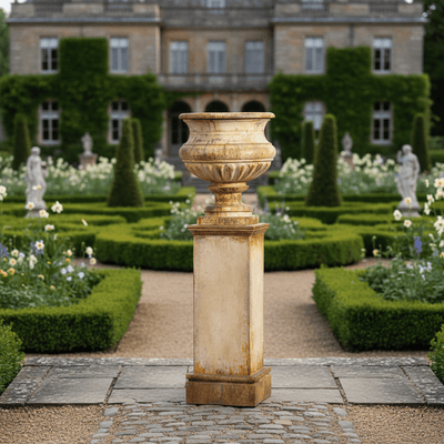 Antique-Style Iron Garden Urn with Tall Pedestal
