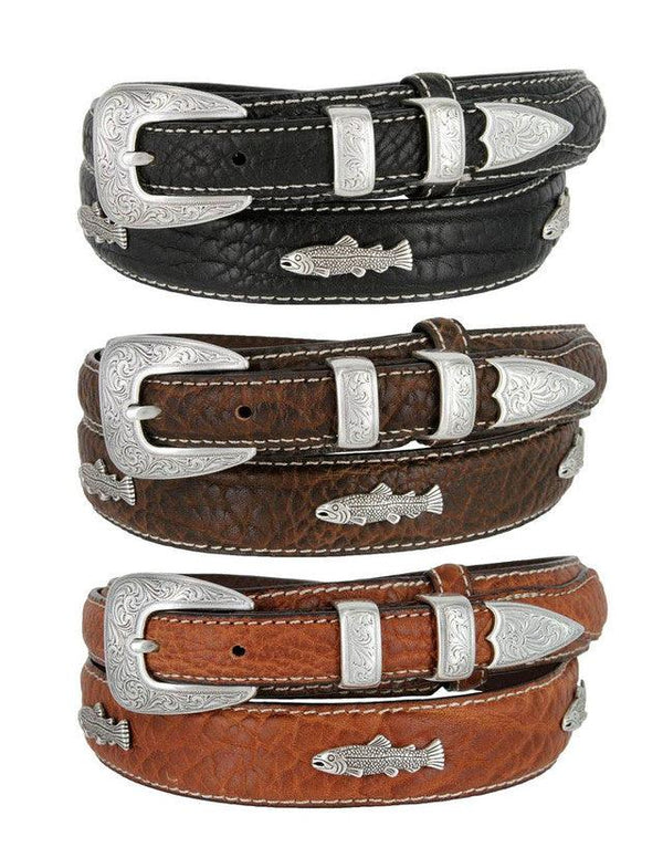 Western Silver Engraved Fish Conchos Belt Genuine Leather Ranger Belt