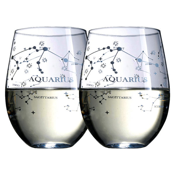 Set of 2 Zodiac Sign Wine Glasses with 2 Wooden Coasters by The Wine Savant - Astrology Drinking Glass Set with Etched Constellation Tumblers for Juice, Water Home Bar Horoscope Gifts 18oz (Aquarius)