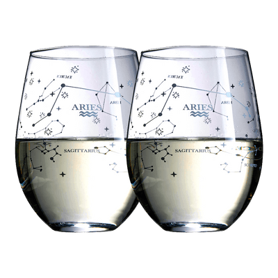 Set of 2 Zodiac Sign Wine Glasses with 2 Wooden Coasters by The Wine Savant - Astrology Drinking Glass Set with Etched Constellation Tumblers for Juice, Water Home Bar Horoscope Gifts 18oz (Aries)